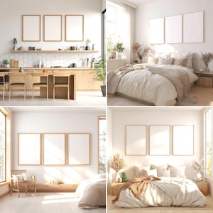 Puede incluir: Cuatro escenas de diseño de interiores con arte enmarcadas en blanco. Una escena muestra una cocina con una isla de madera y sillas. Las otras escenas representan dormitorios con camas, ventanas y elementos decorativos. Los marcos son rectangulares con bordes claros.