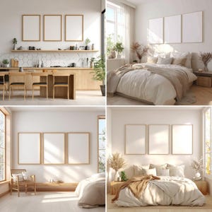 Könnte beinhalten: Vier Innenarchitekturszenen mit leeren gerahmten Kunstwerken. Eine Szene zeigt eine Küche mit einer Holzinsel und Stühlen. Die anderen Szenen zeigen Schlafzimmer mit Betten, Fenstern und dekorativen Elementen. Die Rahmen sind rechteckig mit hellen Holzrahmen.