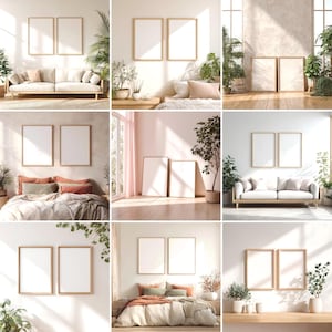 Mockupbundel met twee lijsten kunst aan de muur, PSD-mockups met dubbele lijst, bewerkbaar slim object, digitale download (12 scènes)