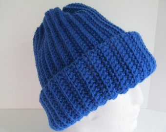Mens XL Royal Blue Winter Hat Cap Beanie Size Extra Large Knit Look Thick Cold Weather Men's Gift Solid Big Head Big Hair J