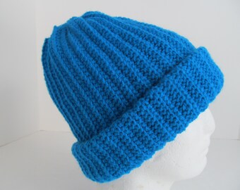 Large Mens Winter Hat Blue Cap Beanie Ski Size L Thick Cold Weather Solid Color J