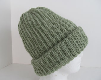 Mens XL Winter Hat Moss Green Cap Beanie Ski Size Extra Large Thick Cold Weather Solid Color Big Head Big Hair J