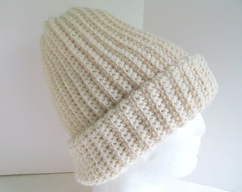 XL Mens Winter Hat Aran Off White Cap Beanie Ski Size Extra Large Thick Cold Weather Solid Color Big Head Big Hair Hats