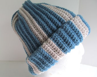 XL Mens Striped Winter Hat Heather Blue Stripes Cap Beanie Size Extra Large Thick Cold Weather Big Head Big Hair Hat