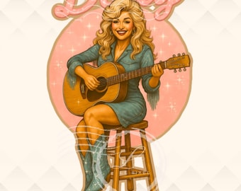 Dolly Inspired PNG | Retro Country Music Clipart | Coquette Cowgirl with Guitar PNG | Sparkle Western Shirt Design | Vintage Sublimation