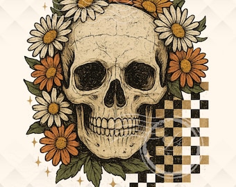 Western Cowgirl Skull PNG, Retro Floral Checkered Skeleton, Halloween, Sublimation, Transparent