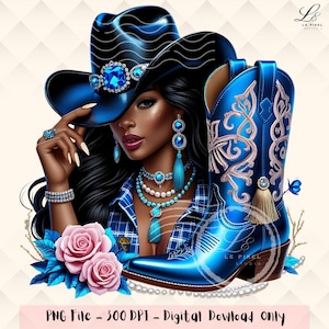 Blue Cowgirl PNG Black Glam Western Woman Clipart, Afrocentric Boots Hat Pearls Art, Melanin Fashion Digital Download