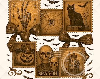 May include: A sepia-toned digital art piece featuring Halloween-themed postage stamps. The stamps depict a skeleton hand, spider web, black cat, jack-o'-lantern, skulls, and a haunted house. Decorative bows and bats complete the spooky design. The text "SEASON" is visible.