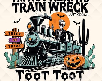 Funny Skeleton Train Wreck PNG, Retro Halloween Spooky, Sublimation, Transparent