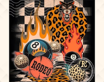 Rockabilly Leopard PNG, Western Cowgirl Sublimation, Retro 8 Ball Flames Design, Rodeo T-Shirt PNG, Vintage Coquette Clipart