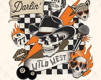 Halloween Cowgirl PNG, Spooky Western Skull, Checkerboard, Sublimation, Transparent
