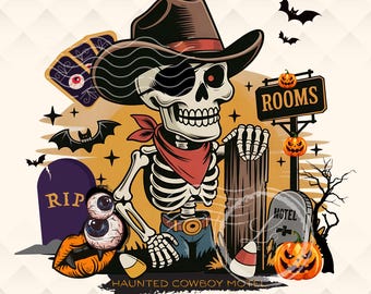 Vintage Western Halloween PNG, Spooky Cowboy Motel Sign, Sublimation, Transparent