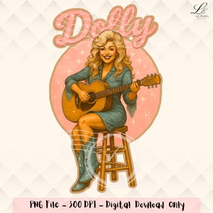 Dolly Inspired PNG | Retro Country Music Clipart | Coquette Cowgirl with Guitar PNG | Sparkle Western Shirt Design | Vintage Sublimation