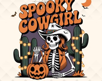 Spooky Cowgirl Halloween PNG | Retro Skeleton Western Graphic | Digital Download for Sublimation, Shirts & Crafts