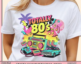 May include: A white t-shirt with a colorful graphic design featuring the text "Totally 80's" with a boombox, a car, roller skates, and a disco ball.
