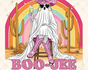 Boo Jee Ghost PNG, Retro Cowgirl Halloween, Champagne Boots, Sublimation, Transparent