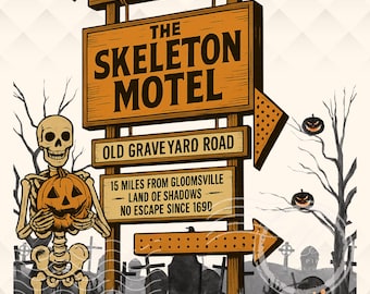 Retro Skeleton Motel PNG, Western Halloween Haunted Sign, Sublimation, Transparent