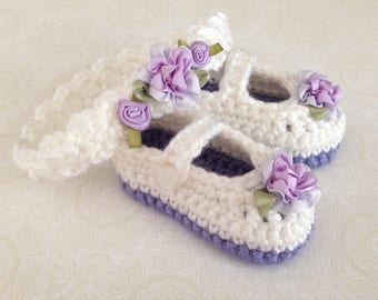 White and Lavender Rosebud Baby Shoes and Headband