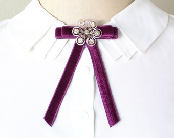 Womens Velvet Bow Tie Collar Pin with Vintage Flower