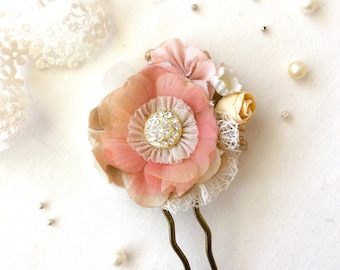 Metal Hair Pin with Peach and Gold Flower - Vintage Hair Comb - Bride Bridesmaid Hair Flowers - Floral Wedding Accessories