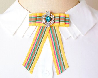 Womens Bow Tie Pin for Collar - Colorful Striped Vintage Ribbon Brooch