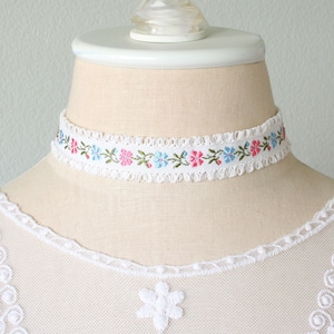 Floral Embroidered Ribbon Choker: Vintage Coquette Necklace