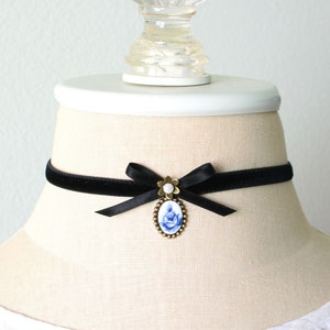 Black Velvet Ribbon Choker with Bow - Floral Cameo Necklace