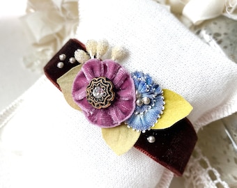 Fabric Flower Bracelet - Bridesmaid Gifts - Floral Wrist Corsage - Velvet Cuff - Fabric Bracelet