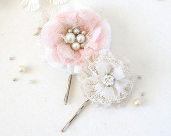 Pink and White Floral Lace Bobby Hair Pins with Pearls - Bridesmaid Wedding Hair Flowers