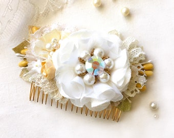 Floral Bridal Hair Comb White Yellow - Pearl Hair Piece - Wedding Hair Accessory - Bridesmaid Hair Flowers