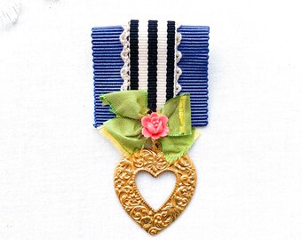 Medal Brooch Pin with Brass Heart Pendant