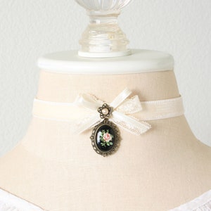 White Velvet Collar Choker for Women - Black Oval Cameo Necklace