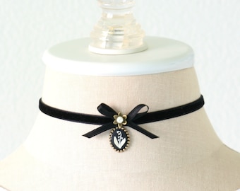 Thin Black Velvet Ribbon Bow Choker - Lily of the Valley Flower Necklace