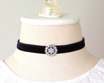 Rhinestone Choker - Black Velvet Ribbon Necklace