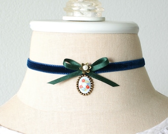 Velvet Ribbon Bow Choker with Colorful Floral Cameo Pendant - Handmade Necklace