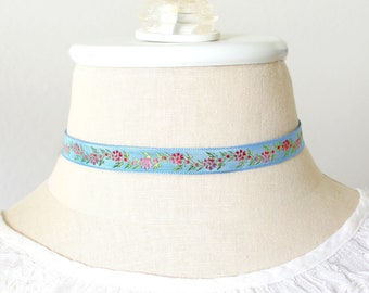 Ribbon Choker - French Blue Floral Necklace