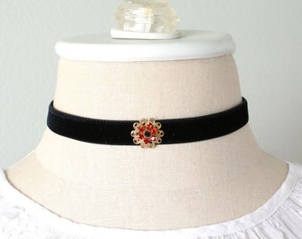 Black Ribbon Choker with Vintage Ruby Red Rhinestone Filigree Jewel