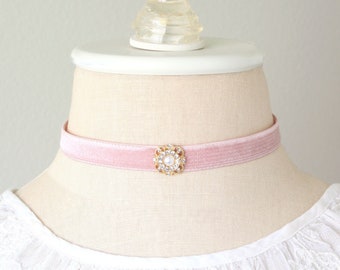 Pink Velvet Ribbon Choker Necklace with Pearl Rhinestone Jewel - Elegant Prom Wedding Jewelry