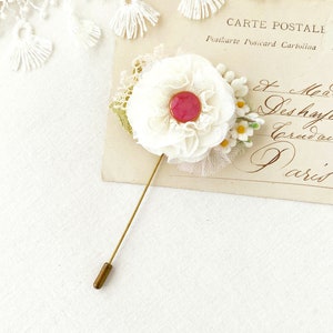 White Fabric Flower Brooch for Lapels or Hats Floral Stick Pin Boutonniere image 1