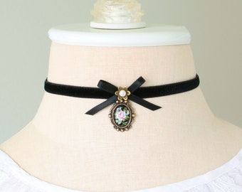 Black Velvet Ribbon Bow Choker Necklace with Rose Cameo Pendant