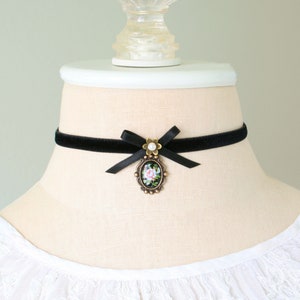 Black Velvet Ribbon Bow Choker Necklace: Rose Cameo Pendant