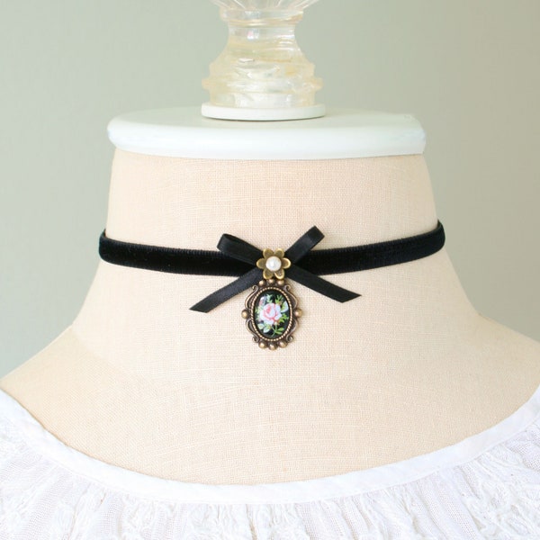Black Velvet Ribbon Bow Choker Necklace with Rose Cameo Pendant