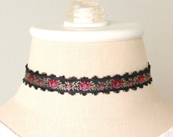 Black Choker for Women - Floral Ribbon Choker Necklace - Renaissance Fair Festival - Victorian Jewelry - Vintage Choker - Girlfriend Gift