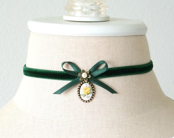 Emerald Green Velvet Ribbon Choker with Floral Cameo Pendant - Handmade Gift for Women