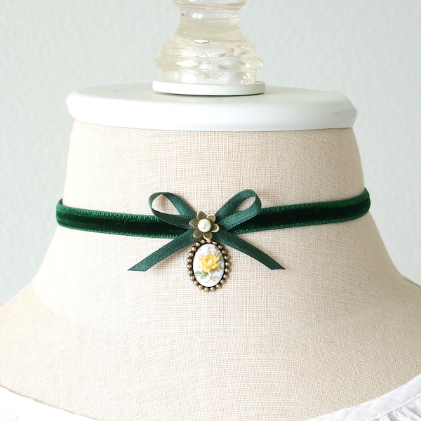 Emerald Green Velvet Ribbon Choker with Floral Cameo Pendant - Handmade Gift for Women