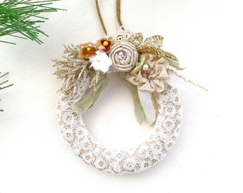 Christmas Tree Ornament - Floral Wreath - Gift for Friend - White Gold Holiday Decorations - Shabby Chic Christmas Decor - Lace Ornament