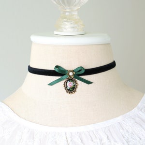 Thin Black Velvet Ribbon Bow Choker Necklace with Pink Rose Cameo Pendant