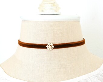 Jeweled Ribbon Necklace - Velvet Choker with Small Flower Charm