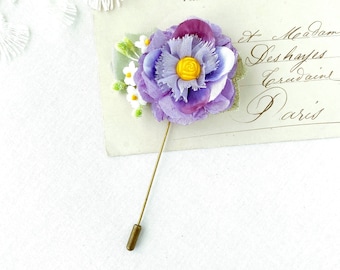 Fabric Flower Pin for Lapels or Hats - Purple Floral Stick Pin Boutonniere