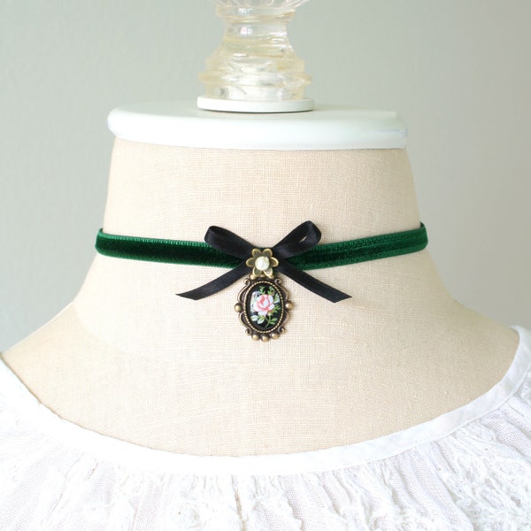 Emerald Velvet Ribbon Choker Necklace with Floral Cameo Pendant - Romantic Gifts for Women